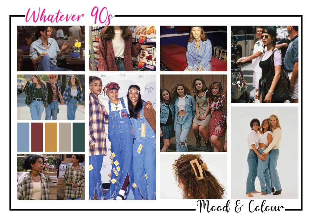 A moodboard and colour palette showing off 90s oversized shirts