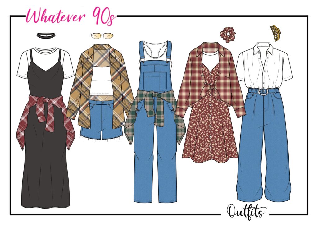 five different 90s oversized shirt outfits with a casual vibe