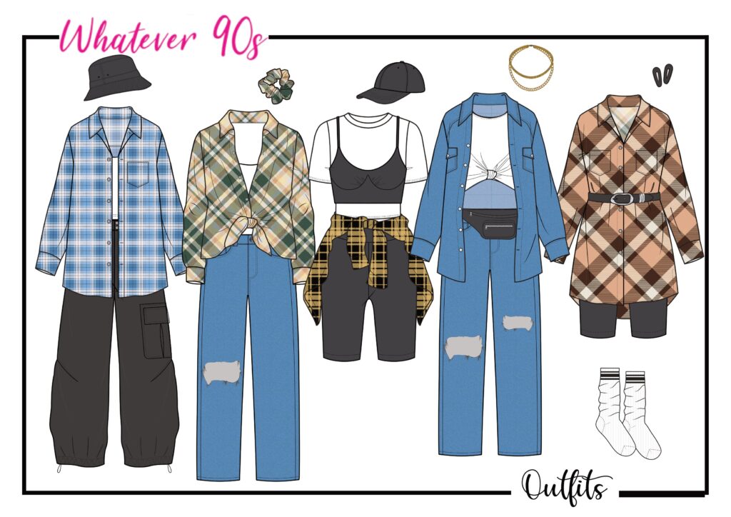 five different 90s oversized shirt outfits with a streetwear vibe