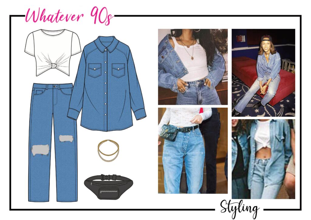 A double denim 90s oversized shirt outfit