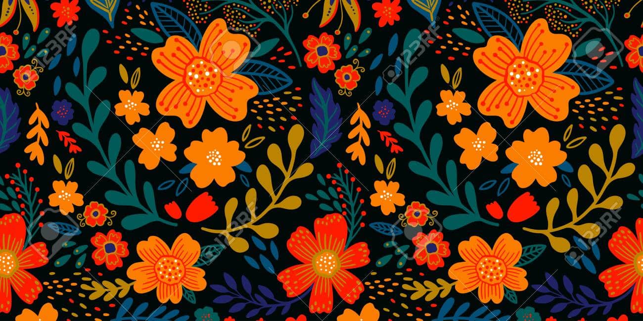 Floral folk seamless pattern. Pretty bright color flowers on black background. Printing with small white flowers. Ditsy print. Vector texture. Spring bouquet.