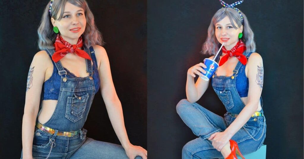 woman wearing 90s cookout outfit - denim overall and crop top